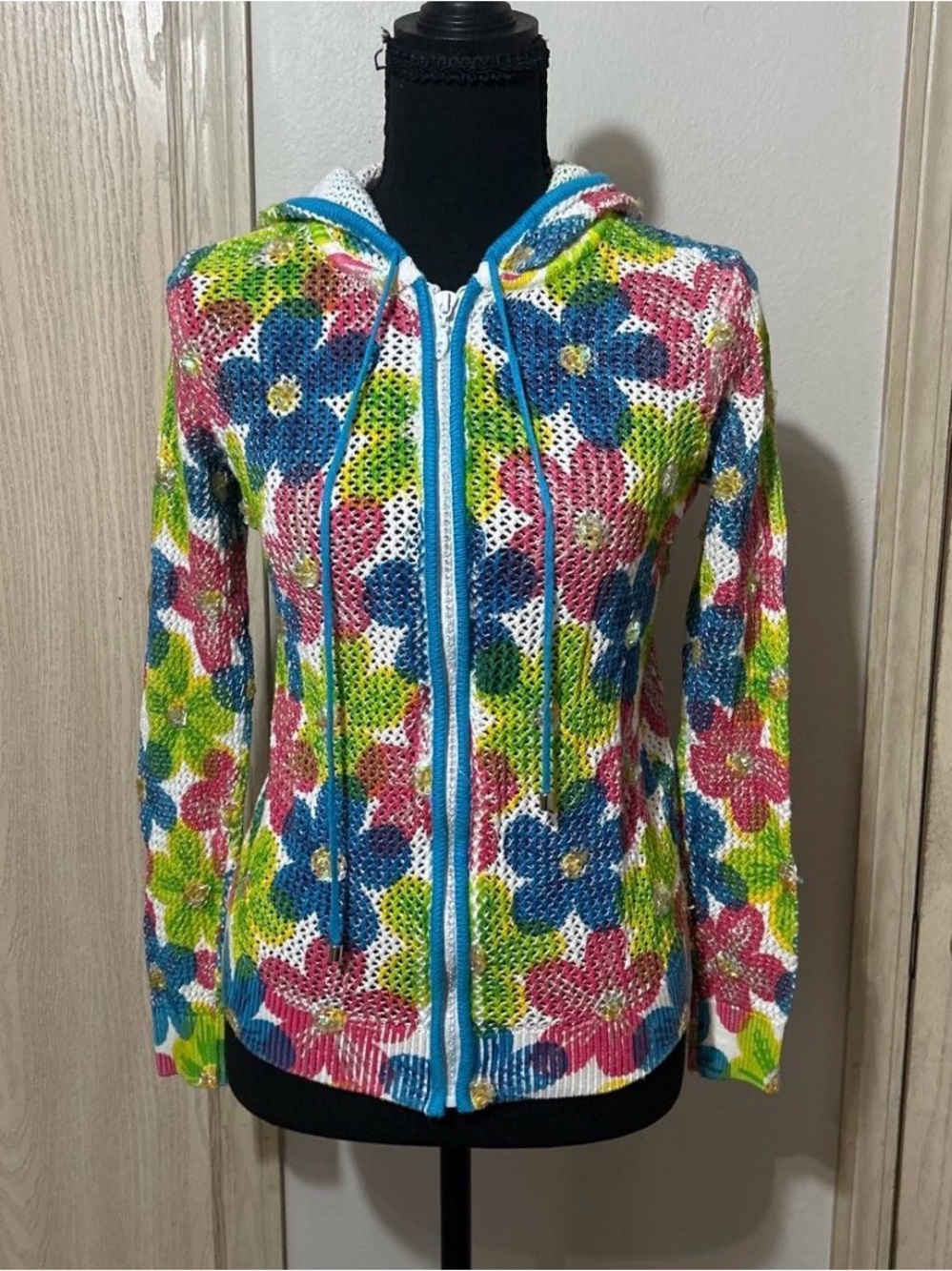 just be White Open-Knit Hoodie with Multicolor Floral Accents